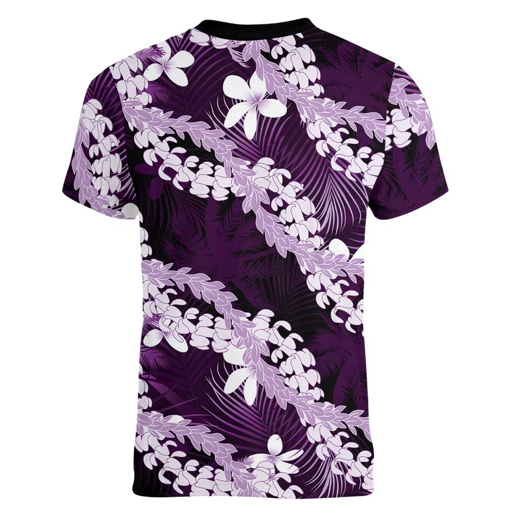 Puakenikeni Maile Lei Women V-Neck T-Shirt Frangipani Purple Tropical Leaves LT01 - Polynesian Pride