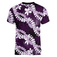 Puakenikeni Maile Lei Women V-Neck T-Shirt Frangipani Purple Tropical Leaves LT01 - Polynesian Pride