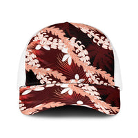 Puakenikeni Maile Lei Baseball Net Cap Frangipani Red Tropical Leaves