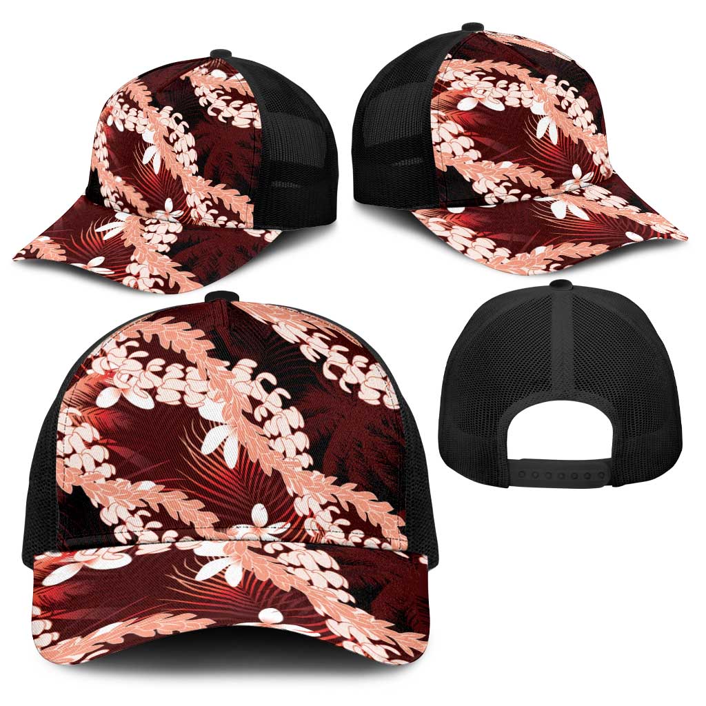 Puakenikeni Maile Lei Baseball Net Cap Frangipani Red Tropical Leaves
