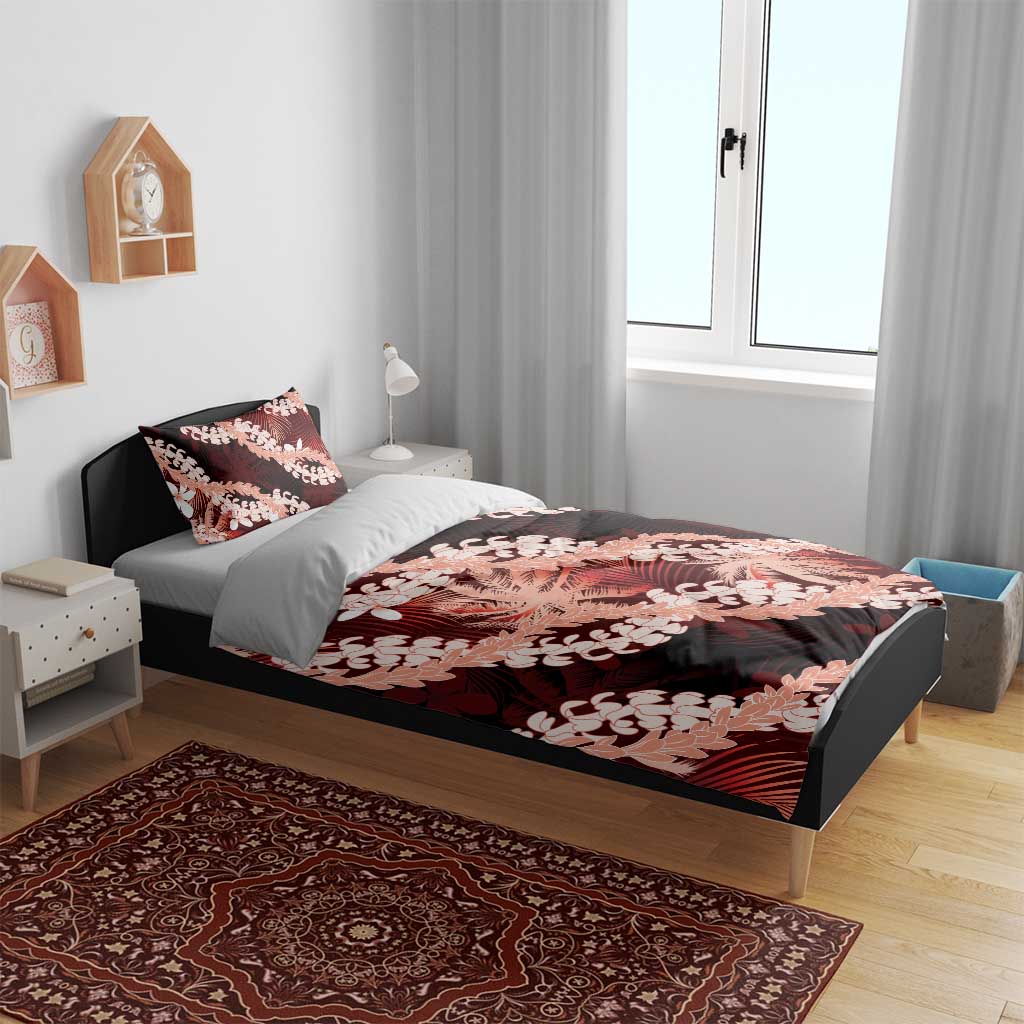 Puakenikeni Maile Lei Bedding Set Frangipani Red Tropical Leaves