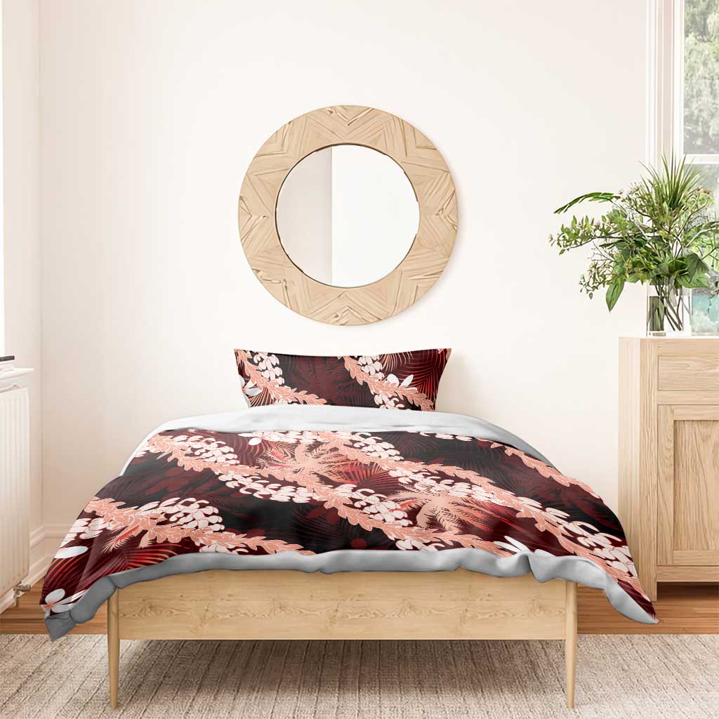 Puakenikeni Maile Lei Bedding Set Frangipani Red Tropical Leaves