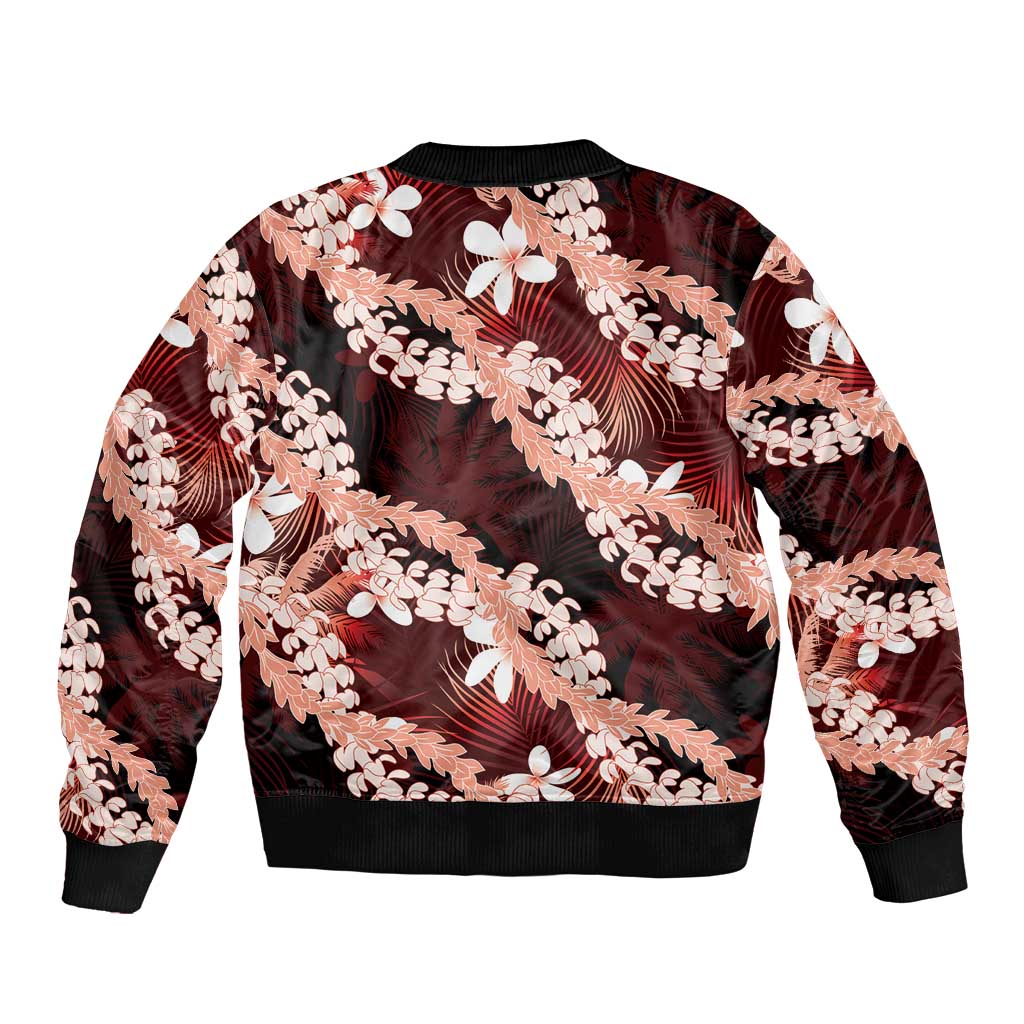 Puakenikeni Maile Lei Bomber Jacket Frangipani Red Tropical Leaves