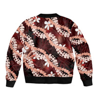 Puakenikeni Maile Lei Bomber Jacket Frangipani Red Tropical Leaves