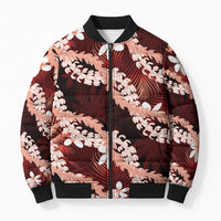 Puakenikeni Maile Lei Bomber Puffer Jacket Frangipani Red Tropical Leaves