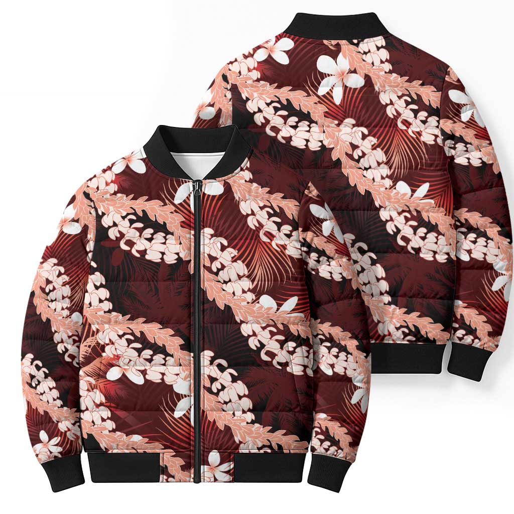 Puakenikeni Maile Lei Bomber Puffer Jacket Frangipani Red Tropical Leaves