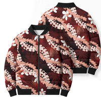 Puakenikeni Maile Lei Bomber Puffer Jacket Frangipani Red Tropical Leaves