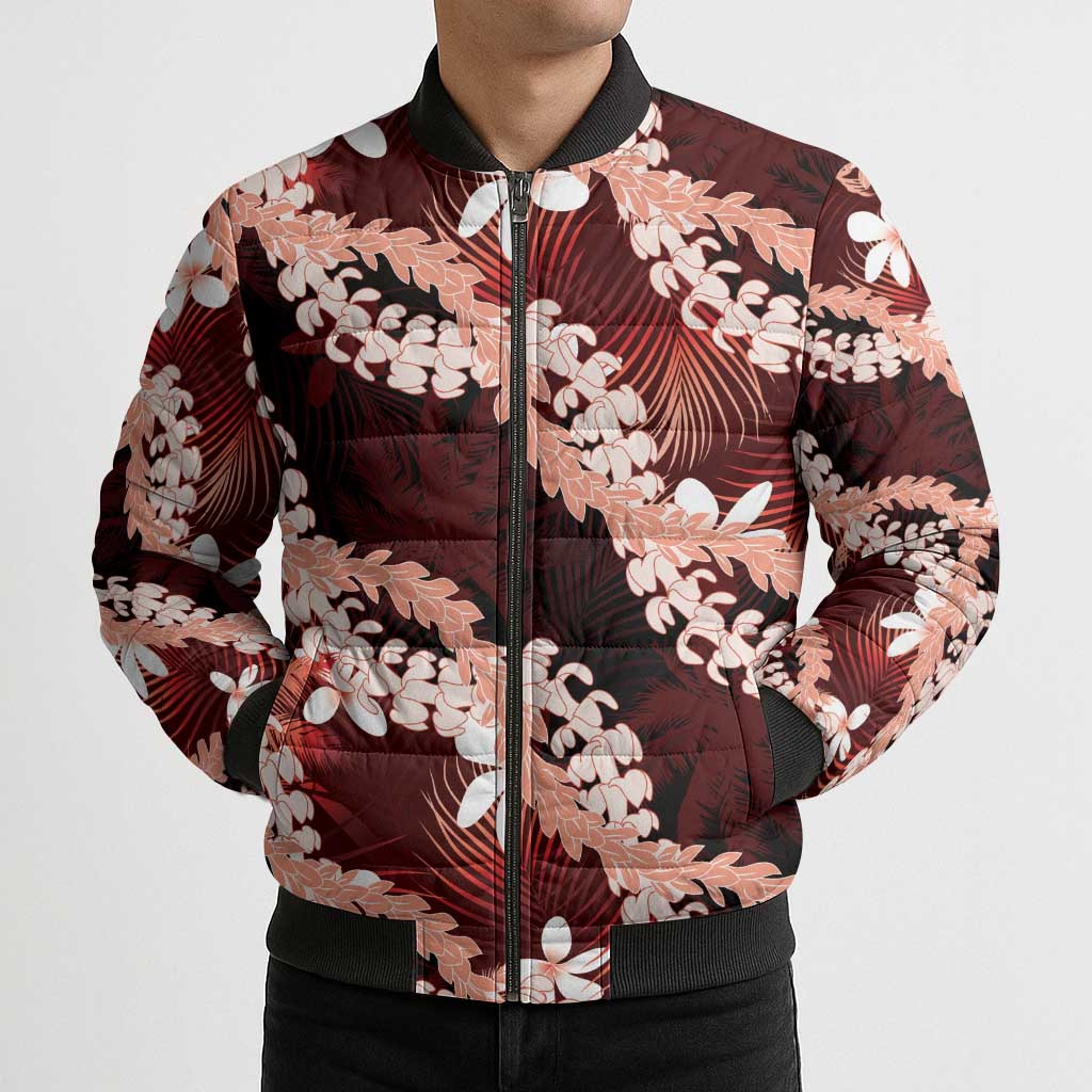 Puakenikeni Maile Lei Bomber Puffer Jacket Frangipani Red Tropical Leaves