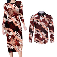 Puakenikeni Maile Lei Couples Matching Long Sleeve Bodycon Dress and Long Sleeve Button Shirt Frangipani Red Tropical Leaves LT01 Red - Polynesian Pride