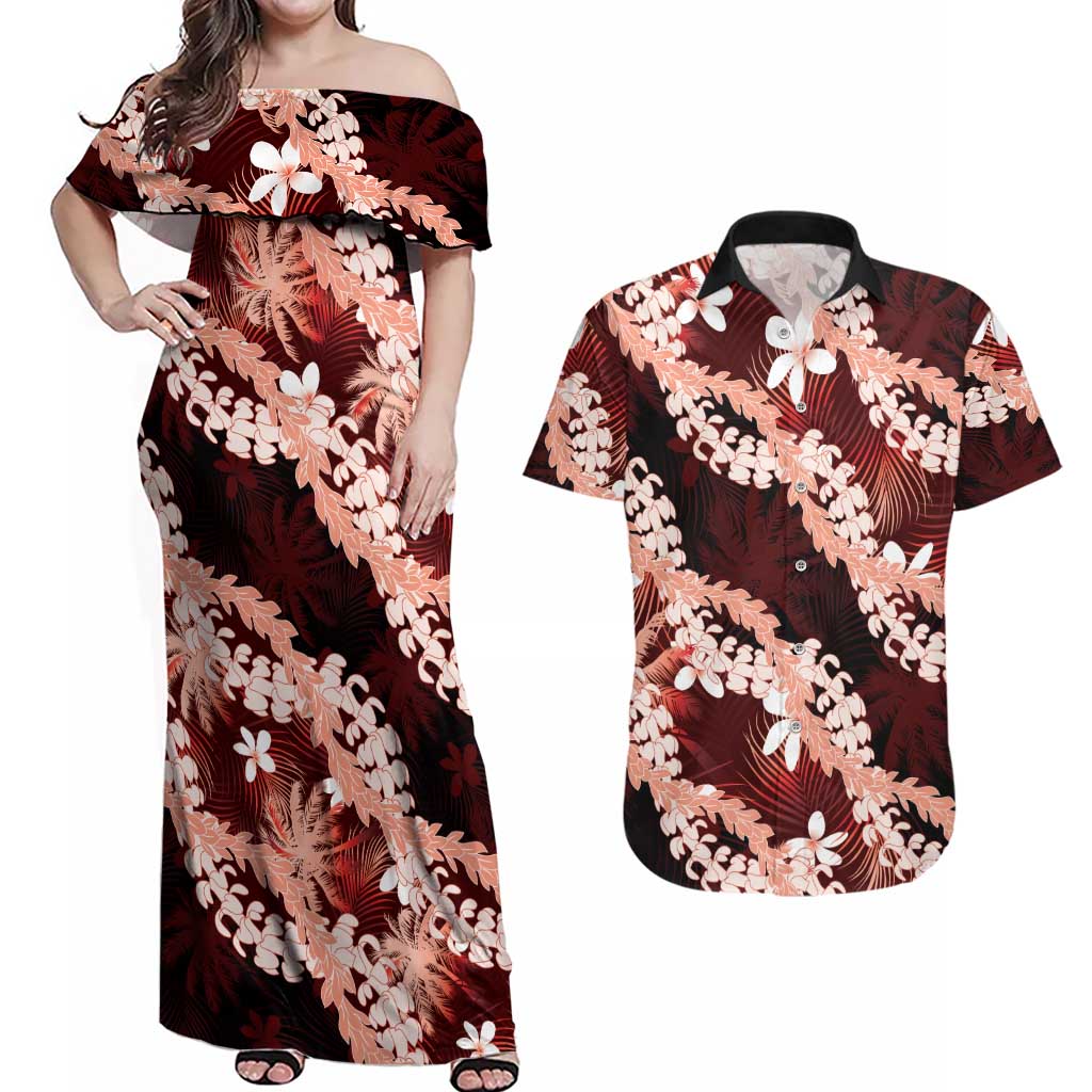Puakenikeni Maile Lei Couples Matching Off Shoulder Maxi Dress and Hawaiian Shirt Frangipani Red Tropical Leaves LT01 Red - Polynesian Pride