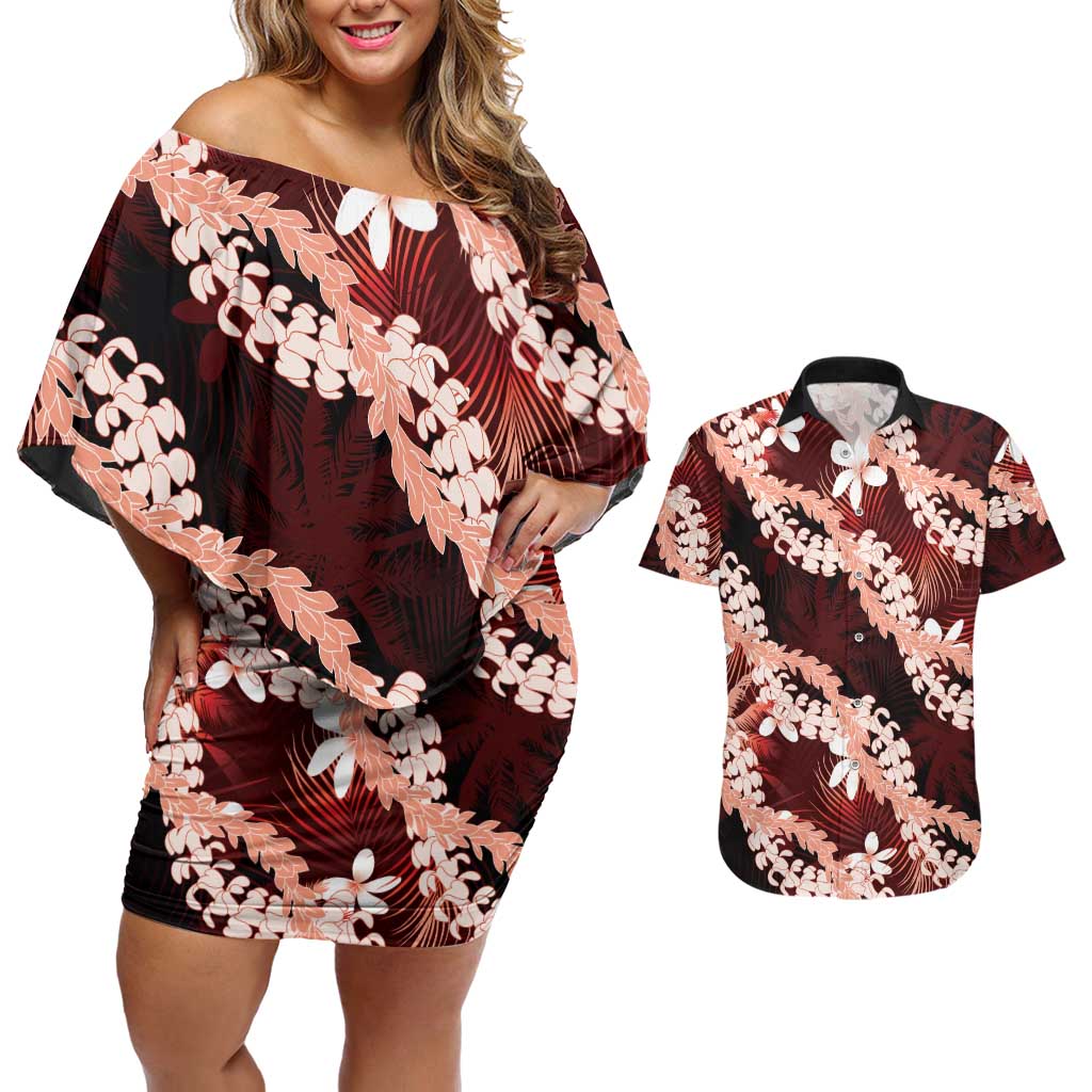 Puakenikeni Maile Lei Couples Matching Off Shoulder Short Dress and Hawaiian Shirt Frangipani Red Tropical Leaves LT01 Red - Polynesian Pride