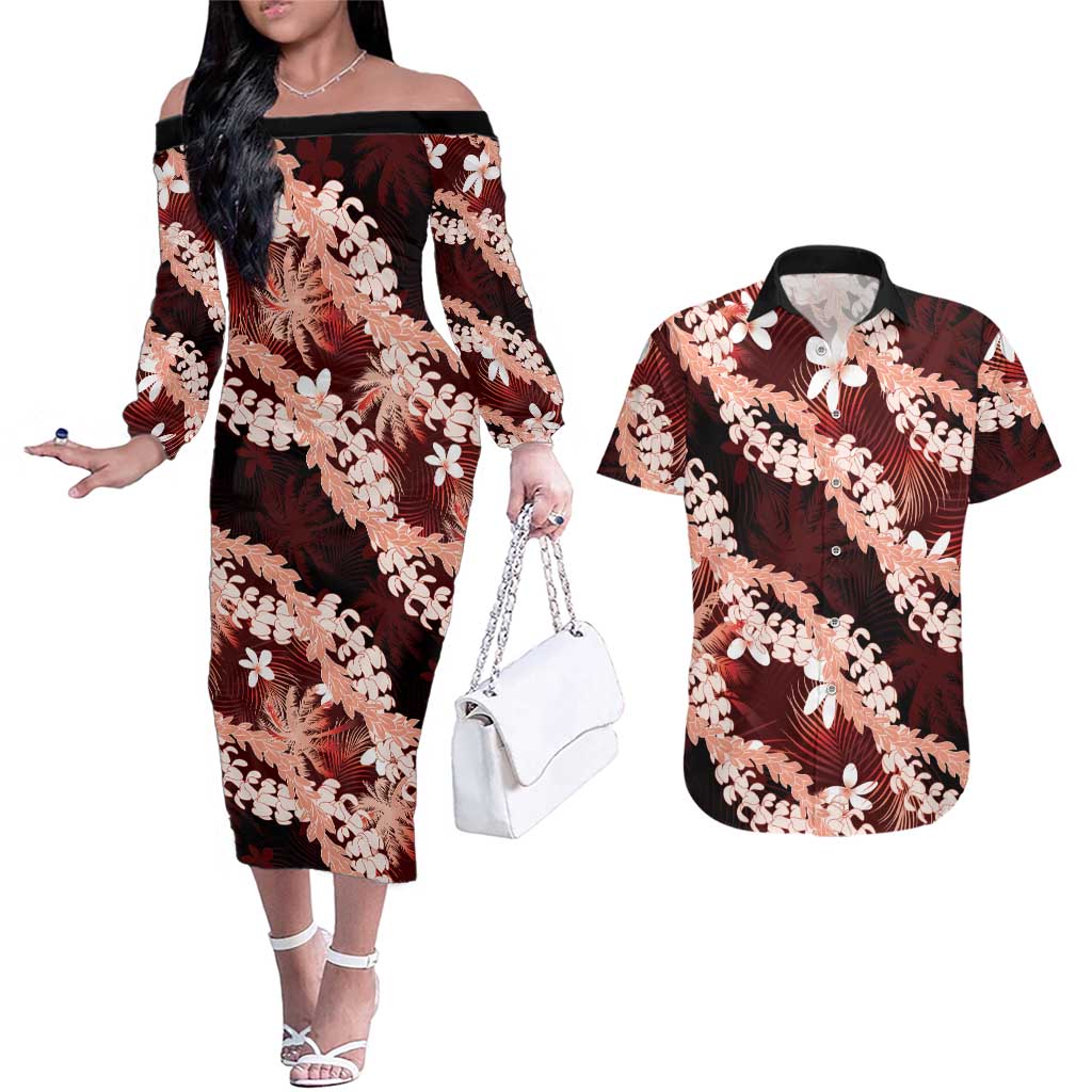 Puakenikeni Maile Lei Couples Matching Off The Shoulder Long Sleeve Dress and Hawaiian Shirt Frangipani Red Tropical Leaves LT01 Red - Polynesian Pride
