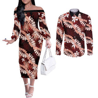 Puakenikeni Maile Lei Couples Matching Off The Shoulder Long Sleeve Dress and Long Sleeve Button Shirt Frangipani Red Tropical Leaves LT01 Red - Polynesian Pride