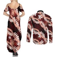 Puakenikeni Maile Lei Couples Matching Summer Maxi Dress and Long Sleeve Button Shirt Frangipani Red Tropical Leaves
