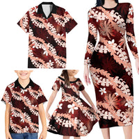 Puakenikeni Maile Lei Family Matching Long Sleeve Bodycon Dress and Hawaiian Shirt Frangipani Red Tropical Leaves LT01 - Polynesian Pride