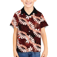 Puakenikeni Maile Lei Family Matching Long Sleeve Bodycon Dress and Hawaiian Shirt Frangipani Red Tropical Leaves LT01 Son's Shirt Red - Polynesian Pride
