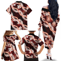 Puakenikeni Maile Lei Family Matching Off The Shoulder Long Sleeve Dress and Hawaiian Shirt Frangipani Red Tropical Leaves LT01 - Polynesian Pride