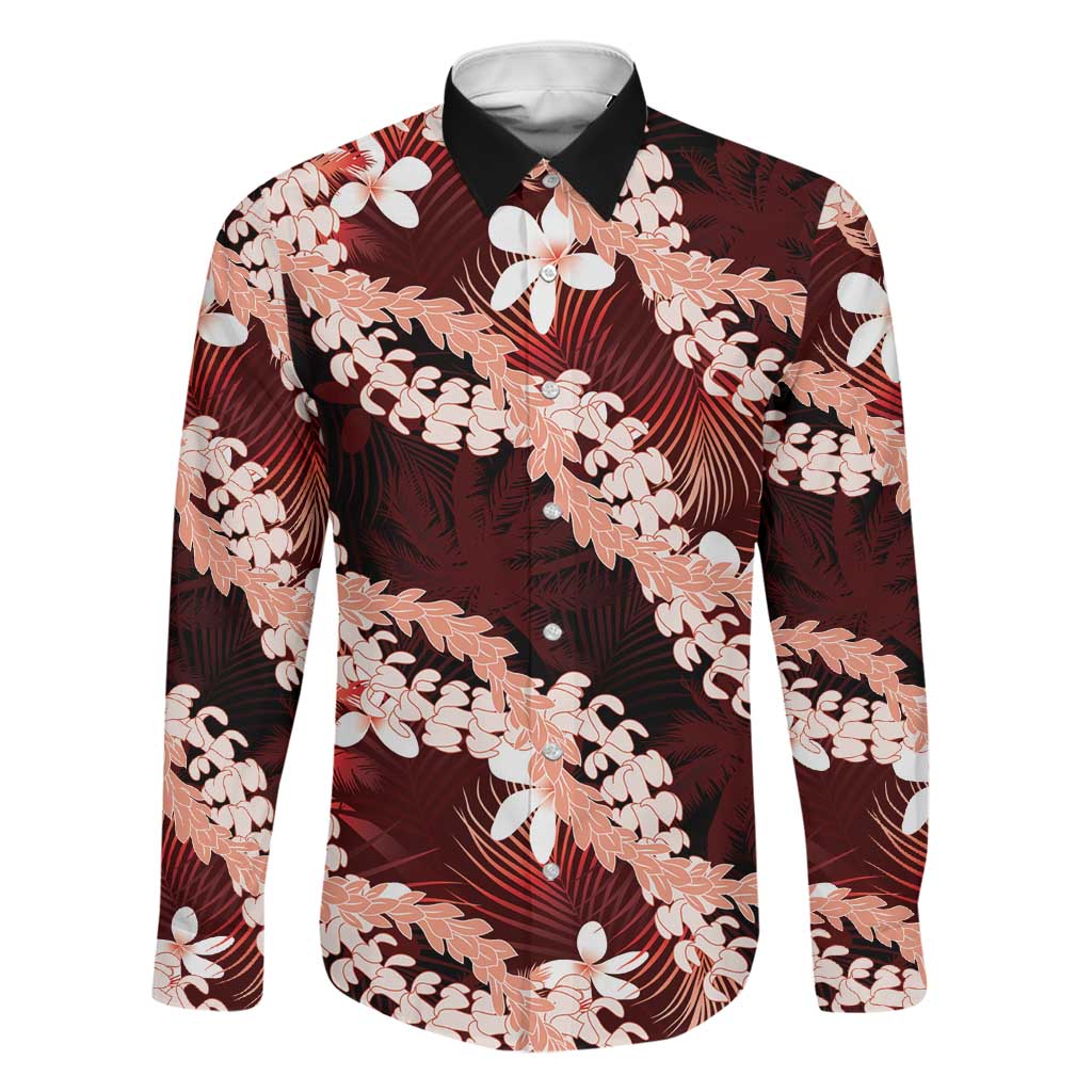 Puakenikeni Maile Lei Family Matching Off The Shoulder Long Sleeve Dress and Hawaiian Shirt Frangipani Red Tropical Leaves LT01 Dad's Shirt - Long Sleeve Red - Polynesian Pride