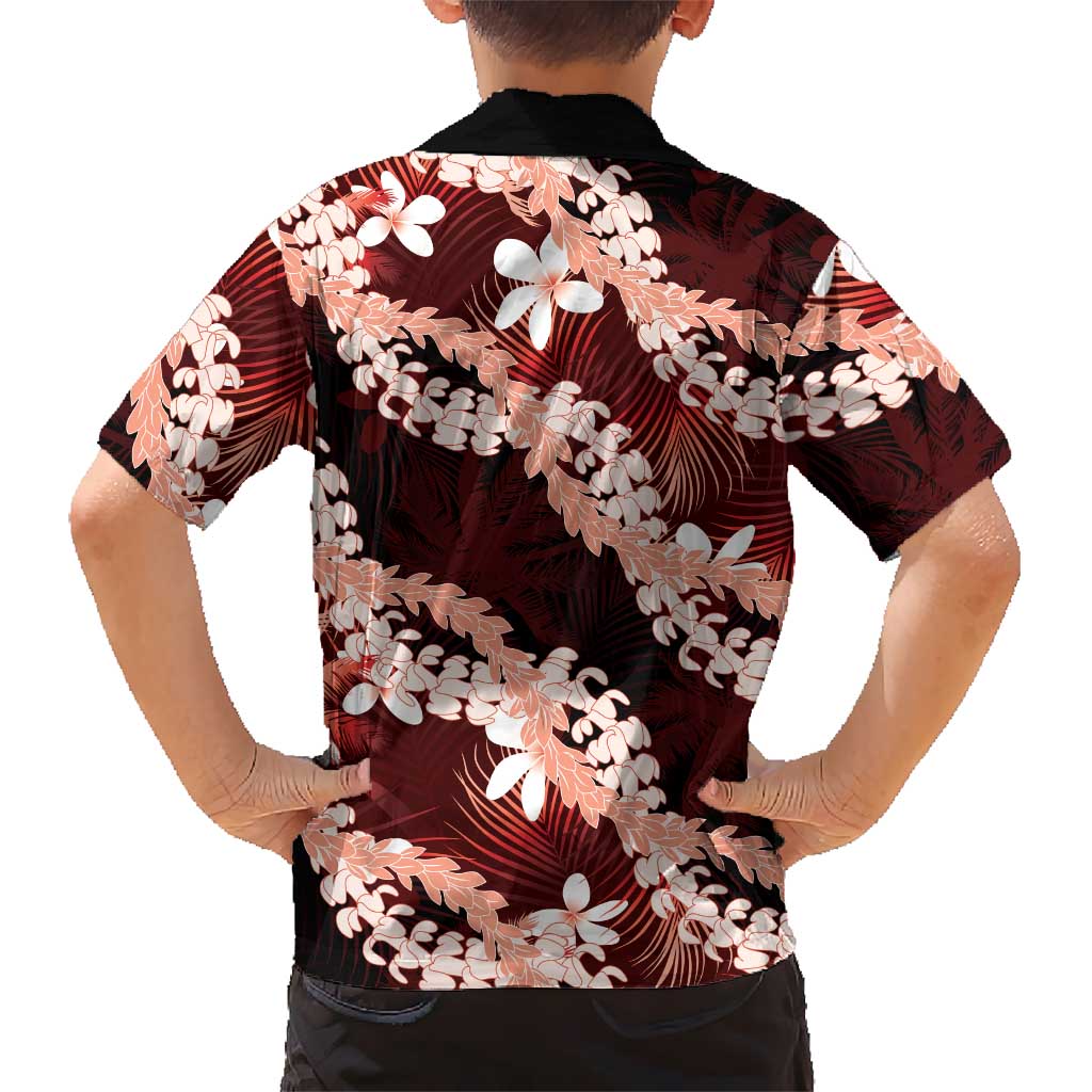 Puakenikeni Maile Lei Family Matching Off Shoulder Maxi Dress and Hawaiian Shirt Frangipani Red Tropical Leaves LT01 - Polynesian Pride