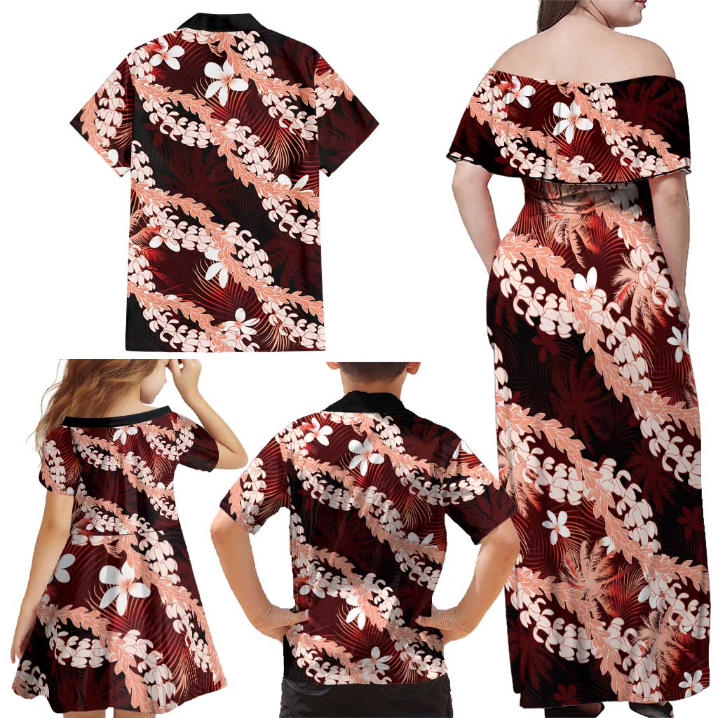 Puakenikeni Maile Lei Family Matching Off Shoulder Maxi Dress and Hawaiian Shirt Frangipani Red Tropical Leaves LT01 - Polynesian Pride