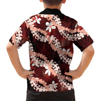 Puakenikeni Maile Lei Family Matching Off Shoulder Short Dress and Hawaiian Shirt Frangipani Red Tropical Leaves LT01 - Polynesian Pride