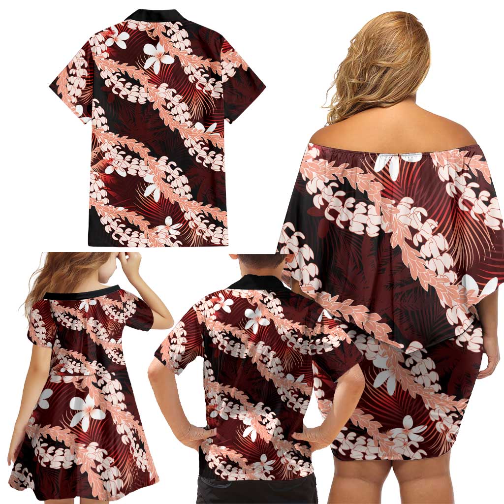 Puakenikeni Maile Lei Family Matching Off Shoulder Short Dress and Hawaiian Shirt Frangipani Red Tropical Leaves LT01 - Polynesian Pride