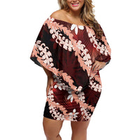 Puakenikeni Maile Lei Family Matching Off Shoulder Short Dress and Hawaiian Shirt Frangipani Red Tropical Leaves LT01 Mom's Dress Red - Polynesian Pride