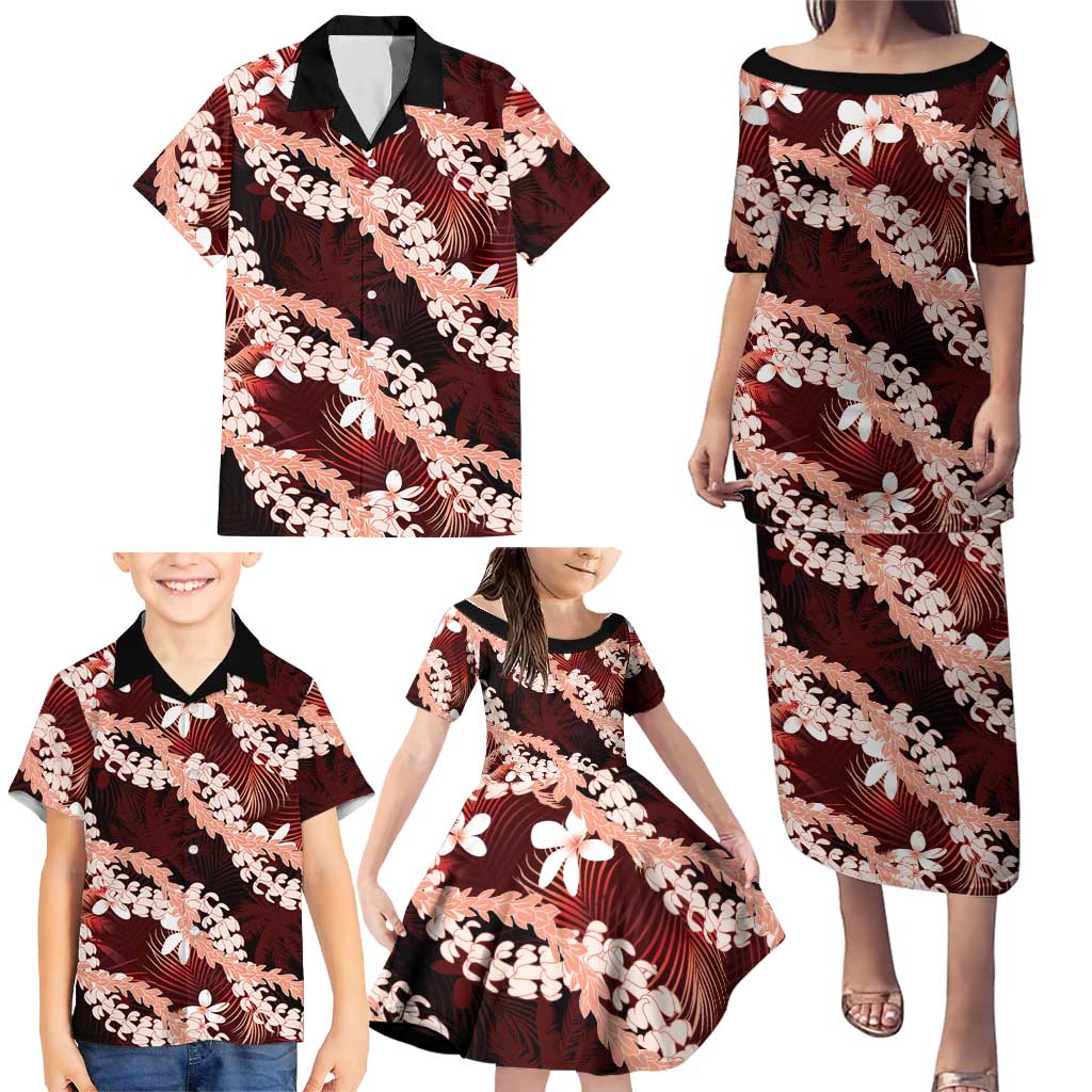 Puakenikeni Maile Lei Family Matching Puletasi and Hawaiian Shirt Frangipani Red Tropical Leaves LT01 - Polynesian Pride