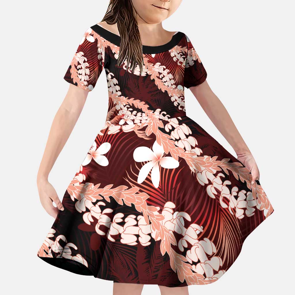Puakenikeni Maile Lei Family Matching Short Sleeve Bodycon Dress and Hawaiian Shirt Frangipani Red Tropical Leaves LT01 Daughter's Dress Red - Polynesian Pride
