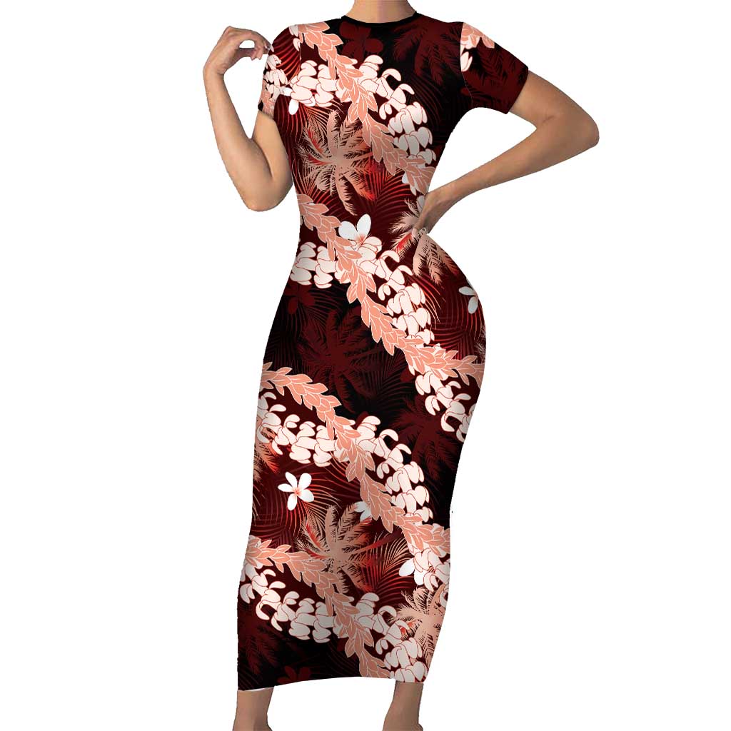 Puakenikeni Maile Lei Family Matching Short Sleeve Bodycon Dress and Hawaiian Shirt Frangipani Red Tropical Leaves LT01 Mom's Dress Red - Polynesian Pride