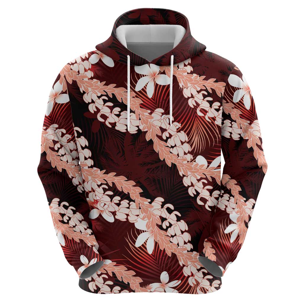 Puakenikeni Maile Lei Hoodie Frangipani Red Tropical Leaves