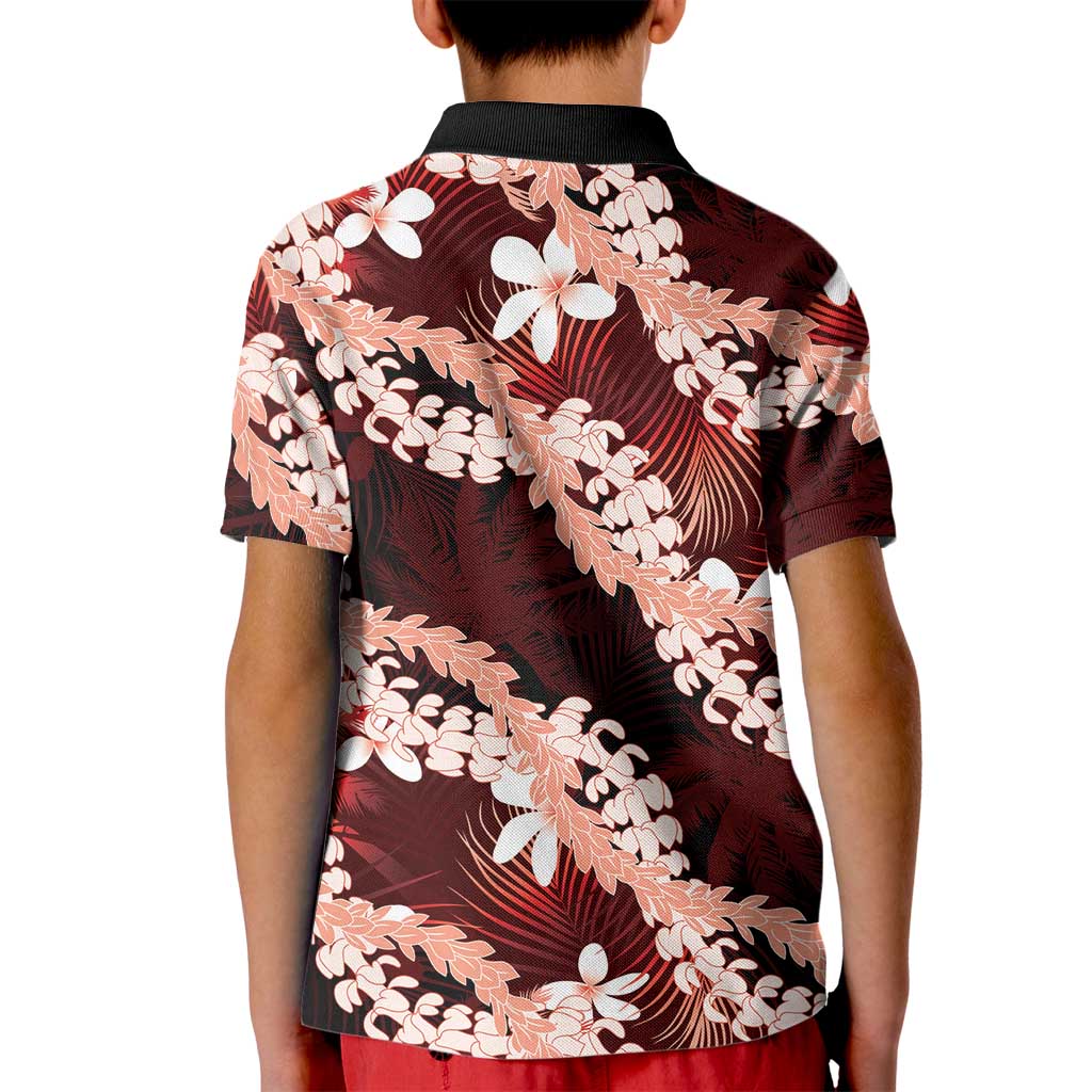 Puakenikeni Maile Lei Kid Polo Shirt Frangipani Red Tropical Leaves