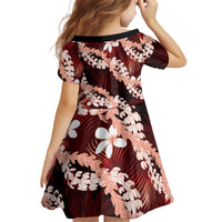 Puakenikeni Maile Lei Kid Short Sleeve Dress Frangipani Red Tropical Leaves