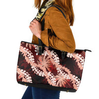Puakenikeni Maile Lei Leather Tote Bag Frangipani Red Tropical Leaves