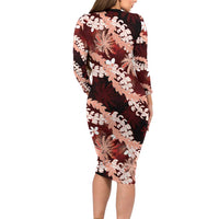 Puakenikeni Maile Lei Long Sleeve Bodycon Dress Frangipani Red Tropical Leaves