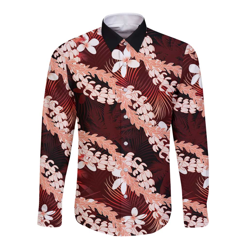 Puakenikeni Maile Lei Long Sleeve Button Shirt Frangipani Red Tropical Leaves