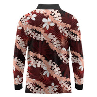 Puakenikeni Maile Lei Long Sleeve Polo Shirt Frangipani Red Tropical Leaves