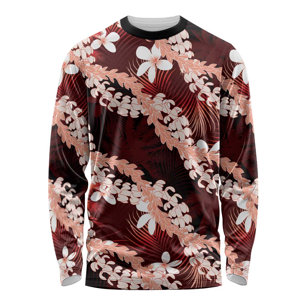 Puakenikeni Maile Lei Long Sleeve Shirt Frangipani Red Tropical Leaves