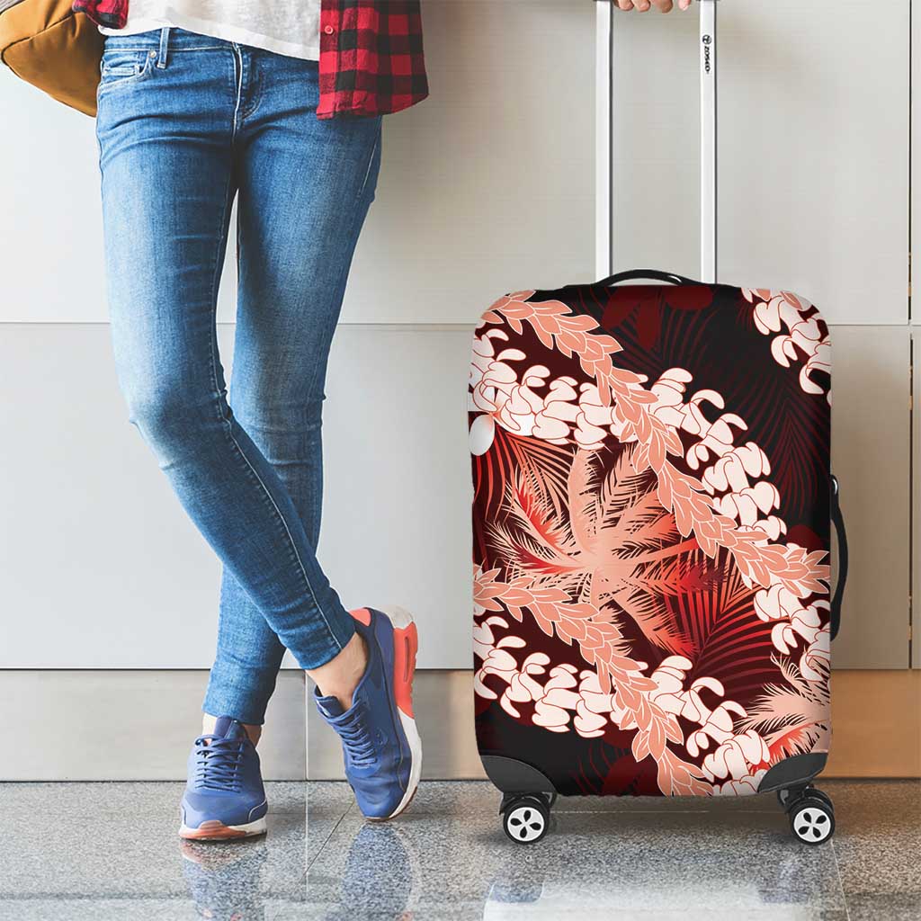 Puakenikeni Maile Lei Luggage Cover Frangipani Red Tropical Leaves