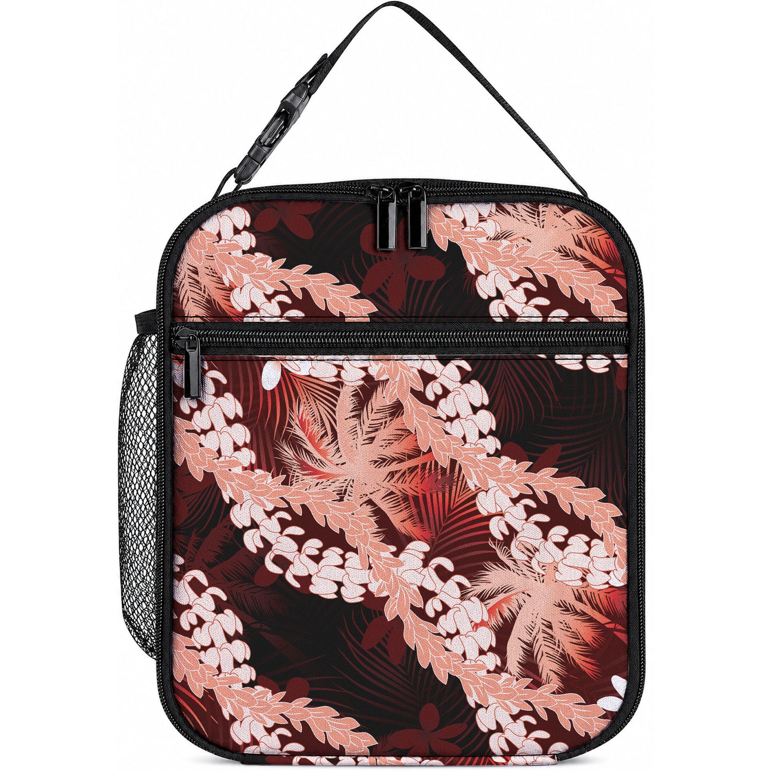 Puakenikeni Maile Lei Lunch Bag Frangipani Red Tropical Leaves LT01 10.2 × 8.3 × 4.3 inch Red - Polynesian Pride
