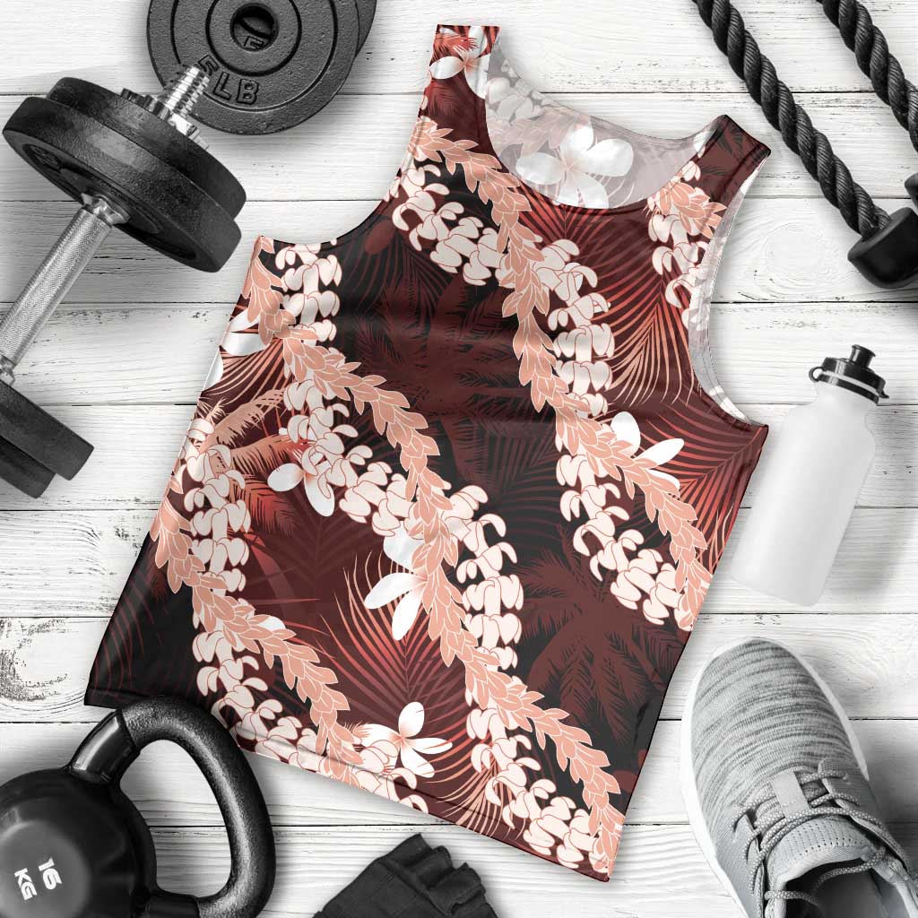 Puakenikeni Maile Lei Men Tank Top Frangipani Red Tropical Leaves