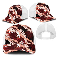 Puakenikeni Maile Lei Mesh Trucker Cap Frangipani Red Tropical Leaves