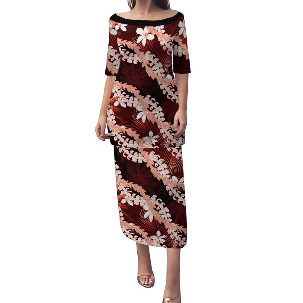 Puakenikeni Maile Lei Puletasi Frangipani Red Tropical Leaves LT01 Long Dress Red - Polynesian Pride