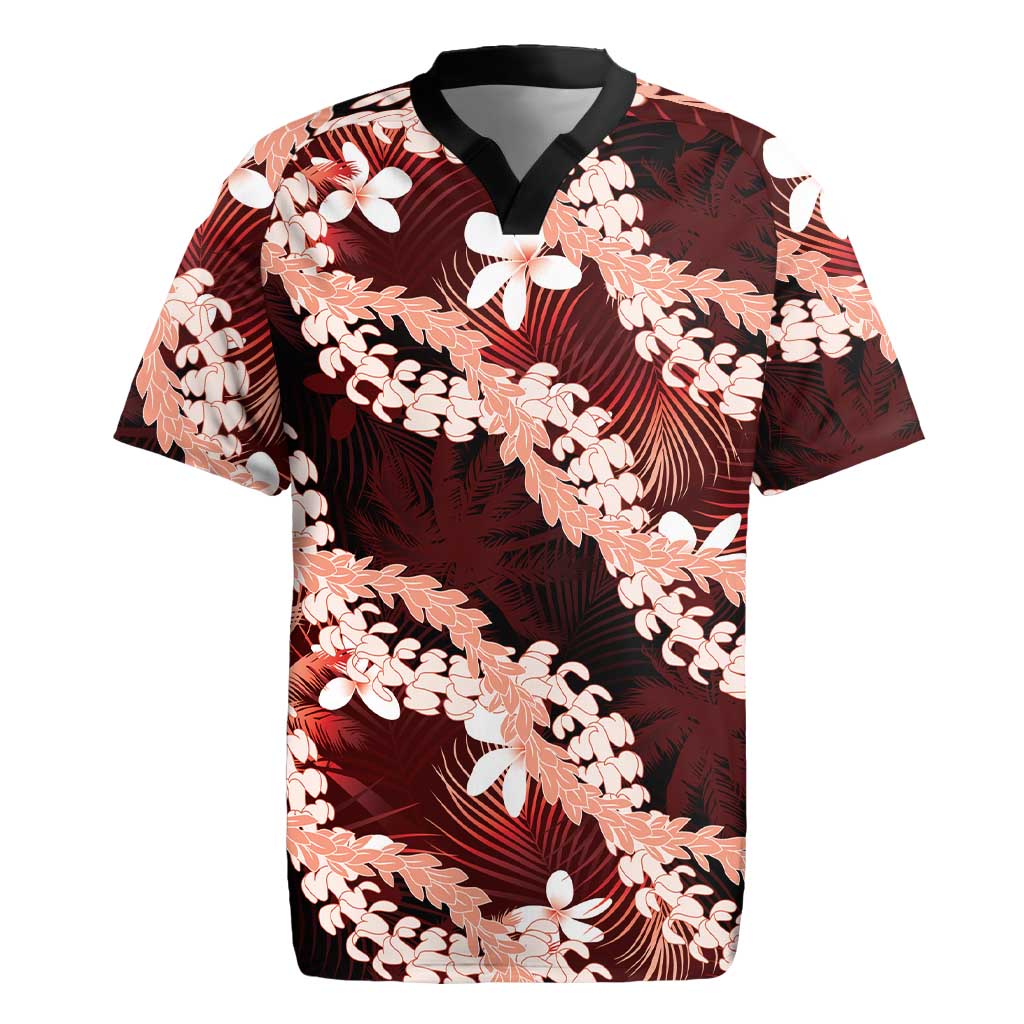 Puakenikeni Maile Lei Rugby Jersey Frangipani Red Tropical Leaves LT01 Red - Polynesian Pride