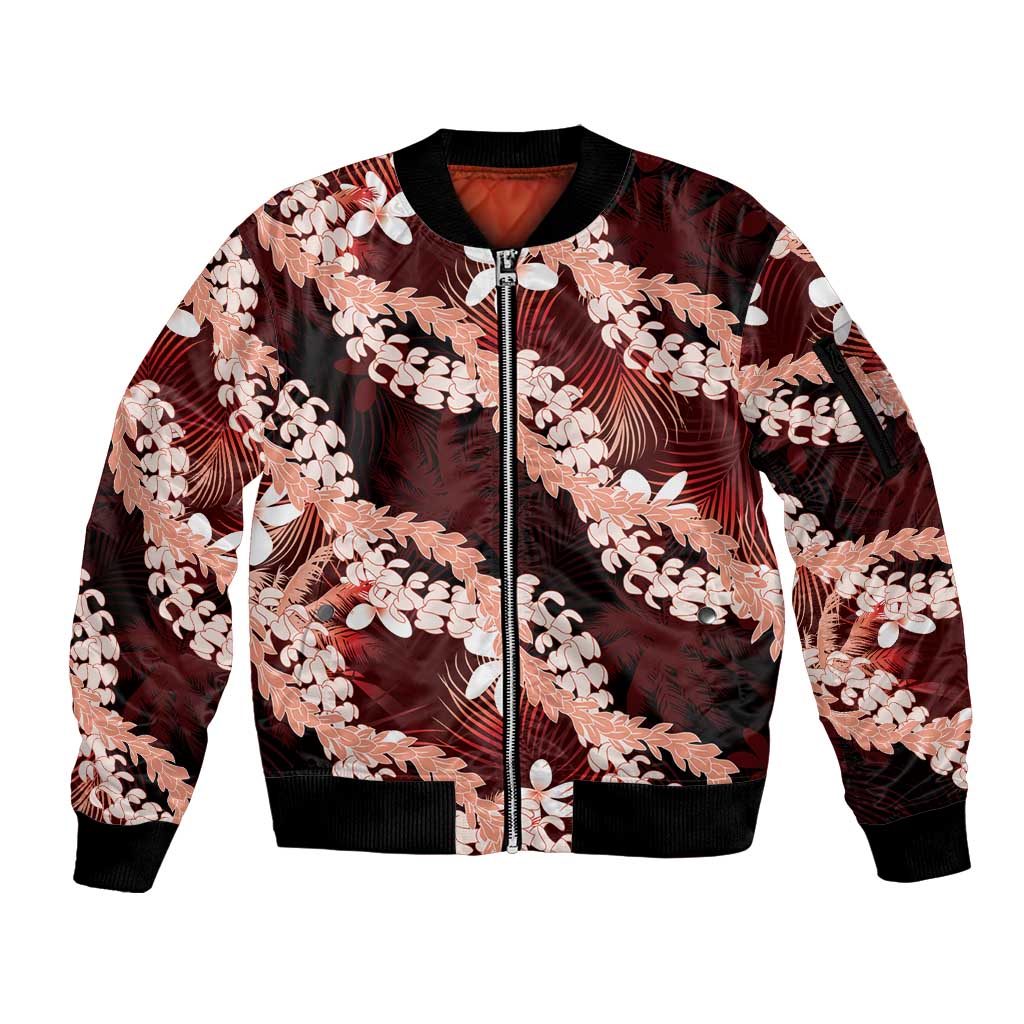 Puakenikeni Maile Lei Sleeve Zip Bomber Jacket Frangipani Red Tropical Leaves LT01 Unisex Red - Polynesian Pride