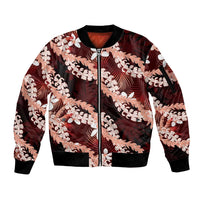 Puakenikeni Maile Lei Sleeve Zip Bomber Jacket Frangipani Red Tropical Leaves