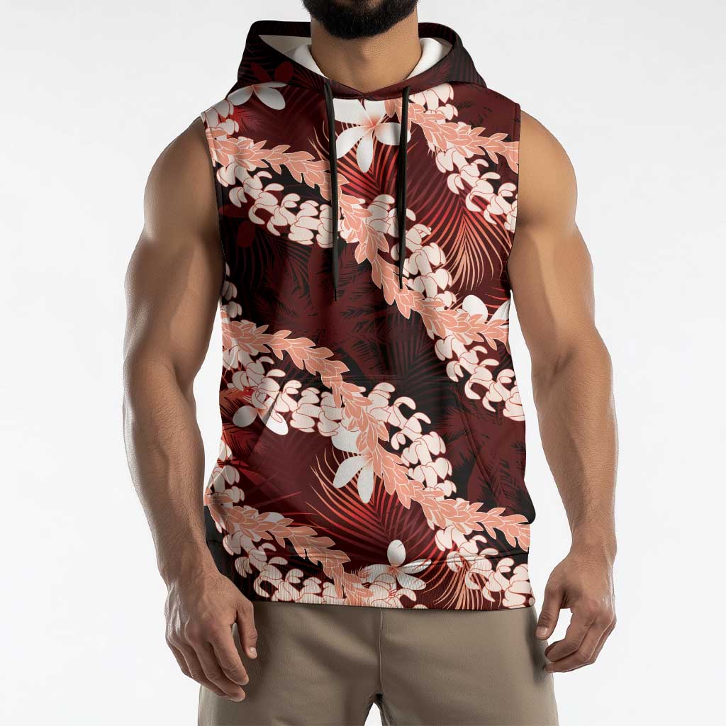 Puakenikeni Maile Lei Sleeveless Hoodie Frangipani Red Tropical Leaves