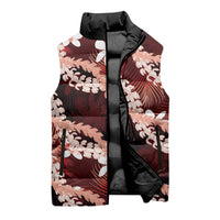 Puakenikeni Maile Lei Sleeveless Puffer Jacket Frangipani Red Tropical Leaves