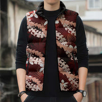 Puakenikeni Maile Lei Sleeveless Puffer Jacket Frangipani Red Tropical Leaves