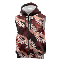 Puakenikeni Maile Lei Sleeveless Zip Hoodie Frangipani Red Tropical Leaves